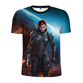 Мужская футболка 3D спортивная с принтом Mass Effect в Петрозаводске, 100% полиэстер с улучшенными характеристиками | приталенный силуэт, круглая горловина, широкие плечи, сужается к линии бедра | n7 | shepard | галактика | жнец | космос | масс | нормандия | планета | шепард | эффект