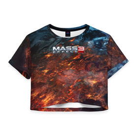 Женская футболка 3D укороченная с принтом Mass Effect в Петрозаводске, 100% полиэстер | круглая горловина, длина футболки до линии талии, рукава с отворотами | Тематика изображения на принте: n7 | shepard | галактика | жнец | космос | масс | нормандия | планета | шепард | эффект