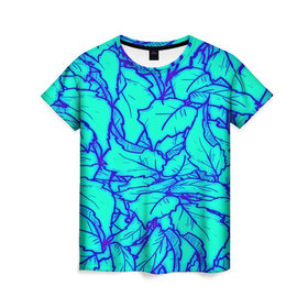 Женская футболка 3D с принтом Фрактальные лепестки в Петрозаводске, 100% полиэфир ( синтетическое хлопкоподобное полотно) | прямой крой, круглый вырез горловины, длина до линии бедер | листья | паттерн | синий