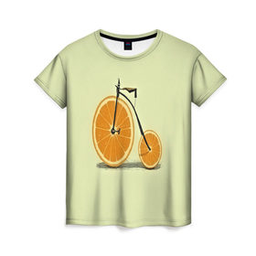 Женская футболка 3D с принтом Апельсиновый велосипед в Петрозаводске, 100% полиэфир ( синтетическое хлопкоподобное полотно) | прямой крой, круглый вырез горловины, длина до линии бедер | 