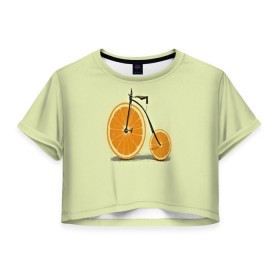 Женская футболка 3D укороченная с принтом Апельсиновый велосипед в Петрозаводске, 100% полиэстер | круглая горловина, длина футболки до линии талии, рукава с отворотами | Тематика изображения на принте: 