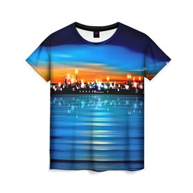 Женская футболка 3D с принтом Вечерний город в Петрозаводске, 100% полиэфир ( синтетическое хлопкоподобное полотно) | прямой крой, круглый вырез горловины, длина до линии бедер | закат | пейзаж | яркий
