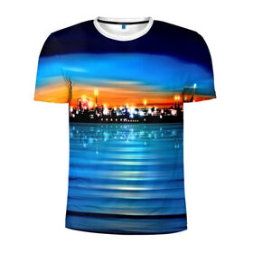 Мужская футболка 3D спортивная с принтом Вечерний город в Петрозаводске, 100% полиэстер с улучшенными характеристиками | приталенный силуэт, круглая горловина, широкие плечи, сужается к линии бедра | закат | пейзаж | яркий