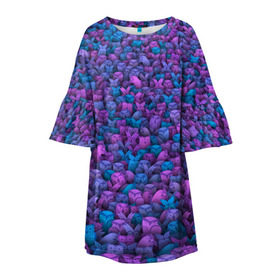 Детское платье 3D с принтом Загадочные совы в Петрозаводске, 100% полиэстер | прямой силуэт, чуть расширенный к низу. Круглая горловина, на рукавах — воланы | Тематика изображения на принте: птица | птицы | синий | сиреневый | сова | толпа | филин | фиолетовый