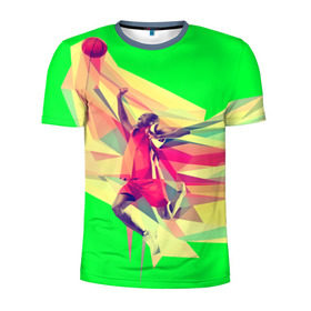 Мужская футболка 3D спортивная с принтом Баскетбол в Петрозаводске, 100% полиэстер с улучшенными характеристиками | приталенный силуэт, круглая горловина, широкие плечи, сужается к линии бедра | Тематика изображения на принте: баскетболист | бросок | мяч | прыжок