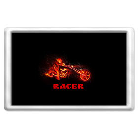 Магнит 45*70 с принтом Racer (гонщик) в Петрозаводске, Пластик | Размер: 78*52 мм; Размер печати: 70*45 | Тематика изображения на принте: байк | в огне | гонщик | дым | колесо | крутой | мото | мотоцикл | мотоциклист | надпись | огненный | огонь | пламя | полыхает | прикольная | скелет | фон | череп | черный