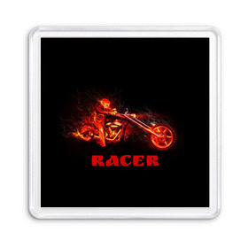 Магнит 55*55 с принтом Racer (гонщик) в Петрозаводске, Пластик | Размер: 65*65 мм; Размер печати: 55*55 мм | Тематика изображения на принте: байк | в огне | гонщик | дым | колесо | крутой | мото | мотоцикл | мотоциклист | надпись | огненный | огонь | пламя | полыхает | прикольная | скелет | фон | череп | черный