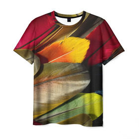 Мужская футболка 3D с принтом Перья в Петрозаводске, 100% полиэфир | прямой крой, круглый вырез горловины, длина до линии бедер | перо | попугай | птица | радуга | радужный
