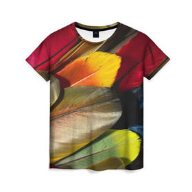 Женская футболка 3D с принтом Перья в Петрозаводске, 100% полиэфир ( синтетическое хлопкоподобное полотно) | прямой крой, круглый вырез горловины, длина до линии бедер | перо | попугай | птица | радуга | радужный