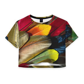 Женская футболка 3D укороченная с принтом Перья в Петрозаводске, 100% полиэстер | круглая горловина, длина футболки до линии талии, рукава с отворотами | Тематика изображения на принте: перо | попугай | птица | радуга | радужный