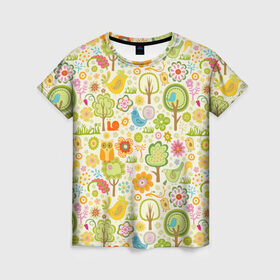 Женская футболка 3D с принтом Райские кущи в Петрозаводске, 100% полиэфир ( синтетическое хлопкоподобное полотно) | прямой крой, круглый вырез горловины, длина до линии бедер | деревья | природа | птицы | сад | сова | цветы