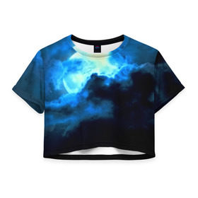 Женская футболка 3D укороченная с принтом Полнолуние в Петрозаводске, 100% полиэстер | круглая горловина, длина футболки до линии талии, рукава с отворотами | луна | небо | ночь | тучи
