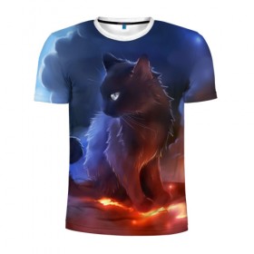 Мужская футболка 3D спортивная с принтом Night cat в Петрозаводске, 100% полиэстер с улучшенными характеристиками | приталенный силуэт, круглая горловина, широкие плечи, сужается к линии бедра | киска | кот | котёнок | кошка | небо | ночь | облака | огонь