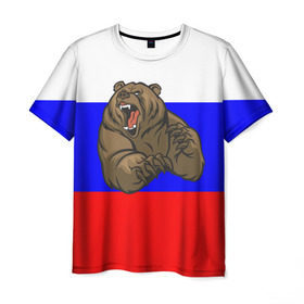 Мужская футболка 3D с принтом Медведь в Петрозаводске, 100% полиэфир | прямой крой, круглый вырез горловины, длина до линии бедер | медведь | триколор | я русский