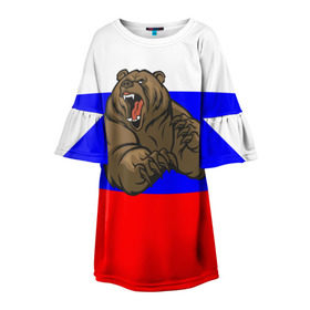 Детское платье 3D с принтом Медведь в Петрозаводске, 100% полиэстер | прямой силуэт, чуть расширенный к низу. Круглая горловина, на рукавах — воланы | Тематика изображения на принте: медведь | триколор | я русский