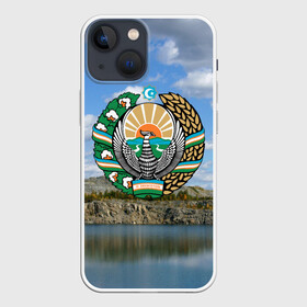Чехол для iPhone 13 mini с принтом Узбекистан в Петрозаводске,  |  | Тематика изображения на принте: герб | гора | горы | озеро | природа | республика | узбекская сср