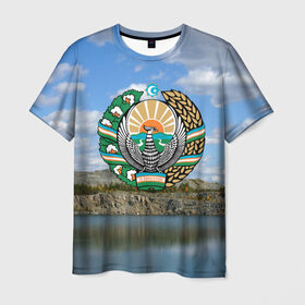 Мужская футболка 3D с принтом Узбекистан в Петрозаводске, 100% полиэфир | прямой крой, круглый вырез горловины, длина до линии бедер | герб | гора | горы | озеро | природа | республика | узбекская сср