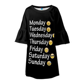 Детское платье 3D с принтом футболка настроение дни недели в Петрозаводске, 100% полиэстер | прямой силуэт, чуть расширенный к низу. Круглая горловина, на рукавах — воланы | Тематика изображения на принте: дни недели | настроение | позитив | смайлики
