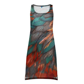 Платье-майка 3D с принтом Камуфляж перья в Петрозаводске, 100% полиэстер | полуприлегающий силуэт, широкие бретели, круглый вырез горловины, удлиненный подол сзади. | зеленые | красные | перья | птица