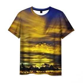 Мужская футболка 3D с принтом Мальдивы в Петрозаводске, 100% полиэфир | прямой крой, круглый вырез горловины, длина до линии бедер | берег | бунгало | ветки | горизонт | города | закат | корабль | мальдивы | море | отдых | пальмы | песок | пирс | страны | тропики