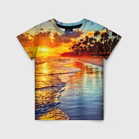 Детская футболка 3D с принтом Гавайи в Петрозаводске, 100% гипоаллергенный полиэфир | прямой крой, круглый вырез горловины, длина до линии бедер, чуть спущенное плечо, ткань немного тянется | Тематика изображения на принте: hawaii | гавайи | газон | горизонт | море | небо | облака | пальмы | побережье | скалы | солнце | сша | тропики
