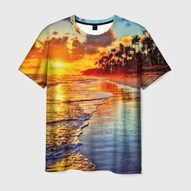 Мужская футболка 3D с принтом Гавайи в Петрозаводске, 100% полиэфир | прямой крой, круглый вырез горловины, длина до линии бедер | Тематика изображения на принте: hawaii | гавайи | газон | горизонт | море | небо | облака | пальмы | побережье | скалы | солнце | сша | тропики