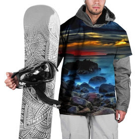 Накидка на куртку 3D с принтом Скалистый берег в Петрозаводске, 100% полиэстер |  | Тематика изображения на принте: закат | море | небо | пейзаж | пестрый
