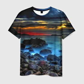 Мужская футболка 3D с принтом Скалистый берег в Петрозаводске, 100% полиэфир | прямой крой, круглый вырез горловины, длина до линии бедер | закат | море | небо | пейзаж | пестрый