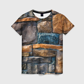 Женская футболка 3D с принтом Камни в Петрозаводске, 100% полиэфир ( синтетическое хлопкоподобное полотно) | прямой крой, круглый вырез горловины, длина до линии бедер | абстракция | камень | кирпич | кладка | мозаика | облицовка | текстура