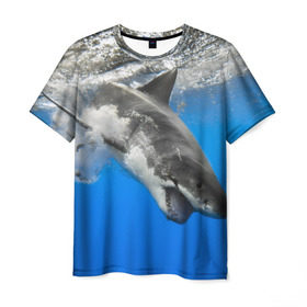 Мужская футболка 3D с принтом Акула в Петрозаводске, 100% полиэфир | прямой крой, круглый вырез горловины, длина до линии бедер | Тематика изображения на принте: shark | море | синий | челюсти