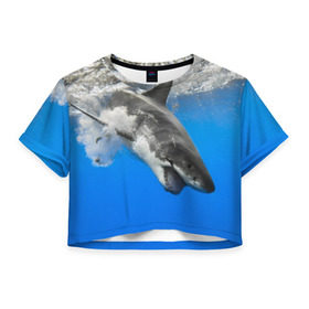 Женская футболка 3D укороченная с принтом Акула в Петрозаводске, 100% полиэстер | круглая горловина, длина футболки до линии талии, рукава с отворотами | shark | море | синий | челюсти