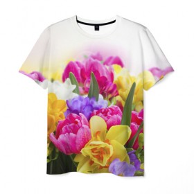 Мужская футболка 3D с принтом Нежность в Петрозаводске, 100% полиэфир | прямой крой, круглый вырез горловины, длина до линии бедер | желтый | красный | любовь | новинки | подарок | розы | сердце | текстура | тюльпаны | цветы