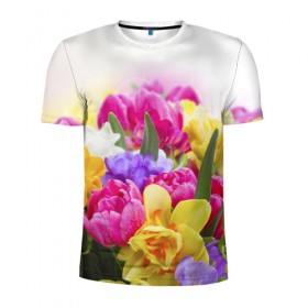 Мужская футболка 3D спортивная с принтом Нежность в Петрозаводске, 100% полиэстер с улучшенными характеристиками | приталенный силуэт, круглая горловина, широкие плечи, сужается к линии бедра | желтый | красный | любовь | новинки | подарок | розы | сердце | текстура | тюльпаны | цветы