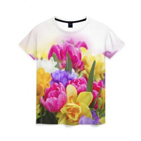 Женская футболка 3D с принтом Нежность в Петрозаводске, 100% полиэфир ( синтетическое хлопкоподобное полотно) | прямой крой, круглый вырез горловины, длина до линии бедер | желтый | красный | любовь | новинки | подарок | розы | сердце | текстура | тюльпаны | цветы