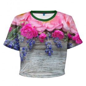 Женская футболка 3D укороченная с принтом Весенний аромат в Петрозаводске, 100% полиэстер | круглая горловина, длина футболки до линии талии, рукава с отворотами | желтый | красный | любовь | новинки | подарок | розы | сердце | текстура | тюльпаны | цветы