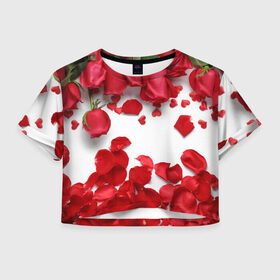 Женская футболка 3D укороченная с принтом Сильные чуства в Петрозаводске, 100% полиэстер | круглая горловина, длина футболки до линии талии, рукава с отворотами | желтый | красный | любовь | новинки | подарок | розы | сердце | текстура | тюльпаны | цветы