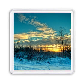 Магнит 55*55 с принтом Winter sunset в Петрозаводске, Пластик | Размер: 65*65 мм; Размер печати: 55*55 мм | закат | лес зима | пейзаж