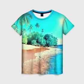 Женская футболка 3D с принтом Тропики в Петрозаводске, 100% полиэфир ( синтетическое хлопкоподобное полотно) | прямой крой, круглый вырез горловины, длина до линии бедер | море | пейзаж | пляж | яркий
