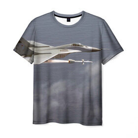 Мужская футболка 3D с принтом Атака МиГ-29 в Петрозаводске, 100% полиэфир | прямой крой, круглый вырез горловины, длина до линии бедер | Тематика изображения на принте: самолет