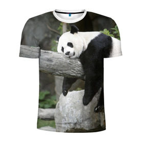 Мужская футболка 3D спортивная с принтом Большая уставшая панда в Петрозаводске, 100% полиэстер с улучшенными характеристиками | приталенный силуэт, круглая горловина, широкие плечи, сужается к линии бедра | Тематика изображения на принте: бамбук | животное | медведь