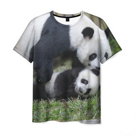 Мужская футболка 3D с принтом Мамочка и сыночек панды в Петрозаводске, 100% полиэфир | прямой крой, круглый вырез горловины, длина до линии бедер | бамбук | животное | медведь