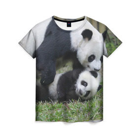 Женская футболка 3D с принтом Мамочка и сыночек панды в Петрозаводске, 100% полиэфир ( синтетическое хлопкоподобное полотно) | прямой крой, круглый вырез горловины, длина до линии бедер | бамбук | животное | медведь