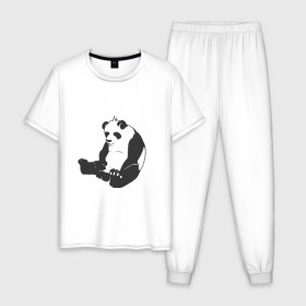 Мужская пижама хлопок с принтом Задумчивый панда в Петрозаводске, 100% хлопок | брюки и футболка прямого кроя, без карманов, на брюках мягкая резинка на поясе и по низу штанин
 | бамбук | животное | медведь