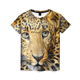 Женская футболка 3D с принтом Леопард в Петрозаводске, 100% полиэфир ( синтетическое хлопкоподобное полотно) | прямой крой, круглый вырез горловины, длина до линии бедер | властелин | глаз | грация | животные | зверь | кот | кошачий | кошки | крупный | леопард | лес | млекопитающее | природа | пятна | рыжий | усатый | усы | фауна | флора | хищник | хозяин | царь джунгли