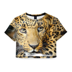 Женская футболка 3D укороченная с принтом Леопард в Петрозаводске, 100% полиэстер | круглая горловина, длина футболки до линии талии, рукава с отворотами | властелин | глаз | грация | животные | зверь | кот | кошачий | кошки | крупный | леопард | лес | млекопитающее | природа | пятна | рыжий | усатый | усы | фауна | флора | хищник | хозяин | царь джунгли