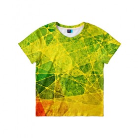 Детская футболка 3D с принтом Particles в Петрозаводске, 100% гипоаллергенный полиэфир | прямой крой, круглый вырез горловины, длина до линии бедер, чуть спущенное плечо, ткань немного тянется | желтый | зеленый | потертый | треугольники | яркий