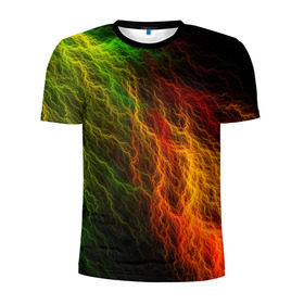 Мужская футболка 3D спортивная с принтом Цветные линии в Петрозаводске, 100% полиэстер с улучшенными характеристиками | приталенный силуэт, круглая горловина, широкие плечи, сужается к линии бедра | Тематика изображения на принте: молния | пестрый | разноцветный