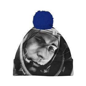 Шапка 3D c помпоном с принтом Юрий Гагарин в Петрозаводске, 100% полиэстер | универсальный размер, печать по всей поверхности изделия | первый космонавт