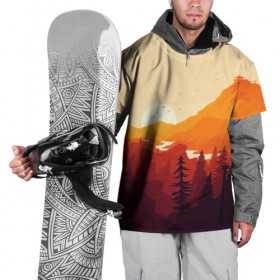 Накидка на куртку 3D с принтом Восход в Петрозаводске, 100% полиэстер |  | Тематика изображения на принте: горы | лес | природа | река | сосны