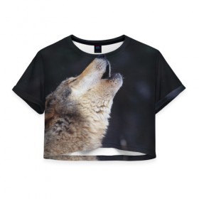 Женская футболка 3D укороченная с принтом Вой серого волка в Петрозаводске, 100% полиэстер | круглая горловина, длина футболки до линии талии, рукава с отворотами | серый
